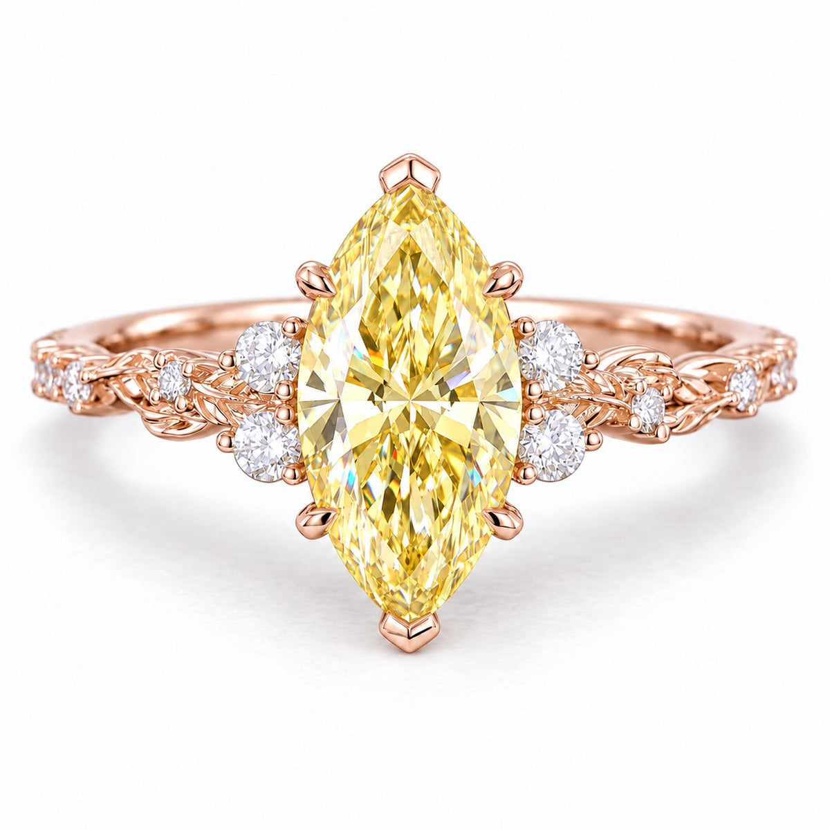 Yellow Marquise Cut Lab Grown Diamond Engagement Ring - Cluster Vine Band in rose gold, front view
