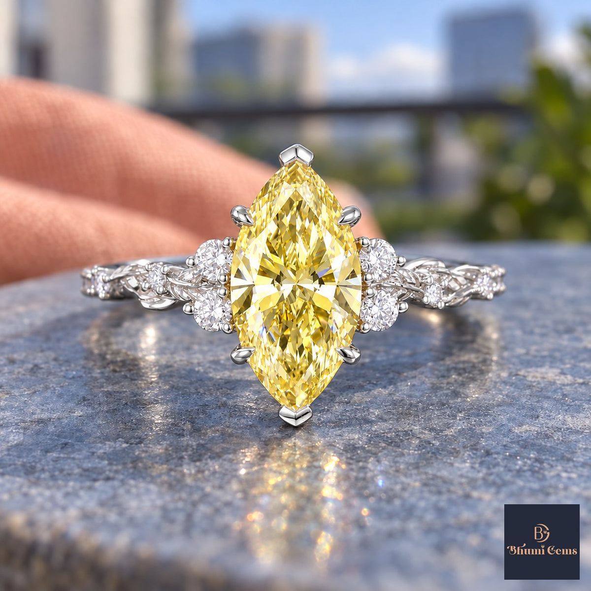 Yellow Marquise Cut Lab Grown Diamond Engagement Ring - Cluster Vine Band in white gold, close-up