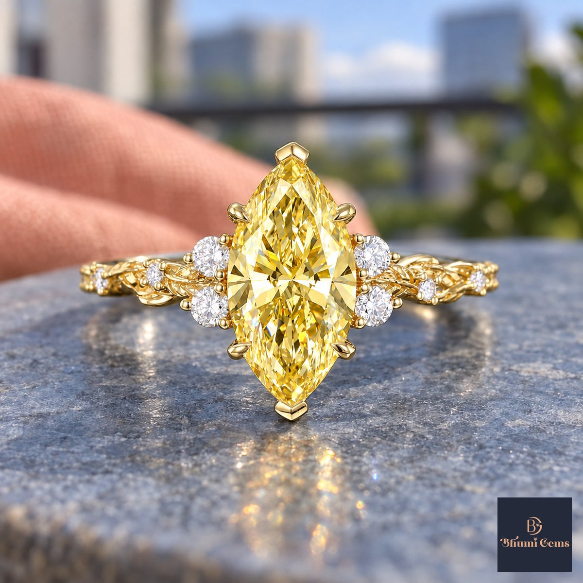 Yellow Marquise Cut Lab Grown Diamond Engagement Ring - Cluster Vine Band in yellow gold, close-up