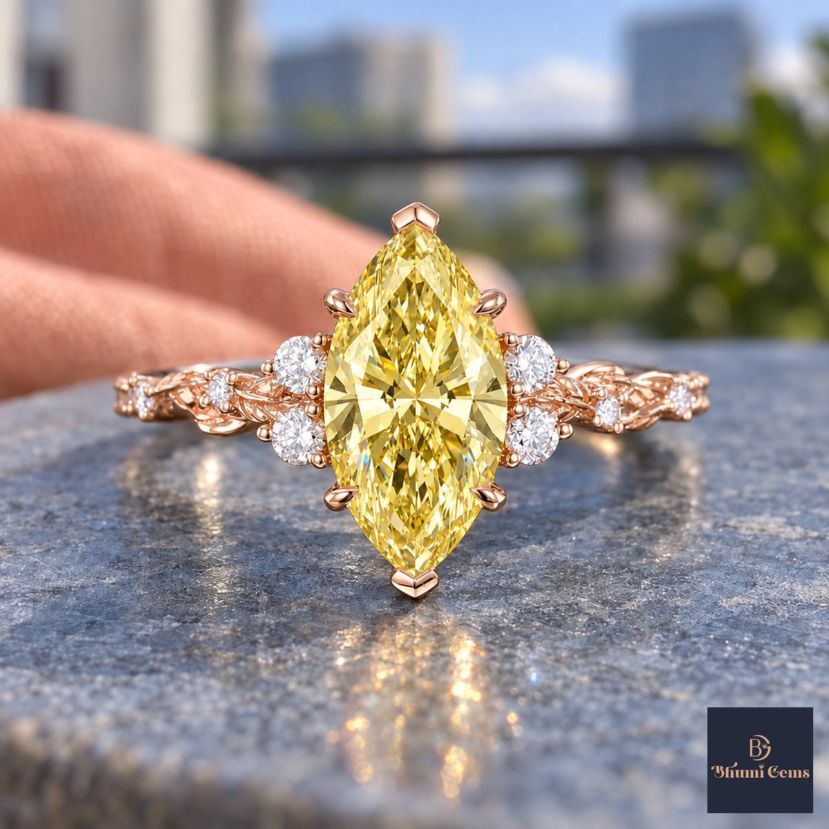 Yellow Marquise Cut Lab Grown Diamond Engagement Ring - Cluster Vine Band in rose gold, close-up