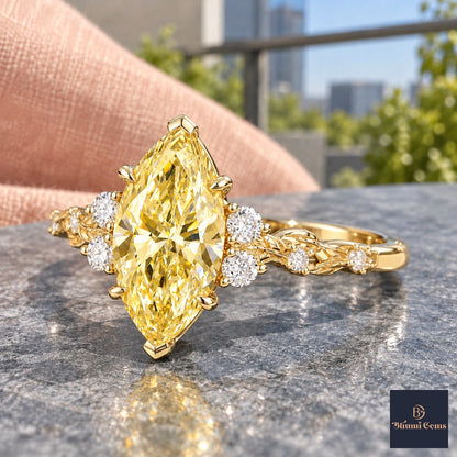 Yellow Marquise Cut Lab Grown Diamond Engagement Ring - Cluster Vine Band in yellow gold, side view