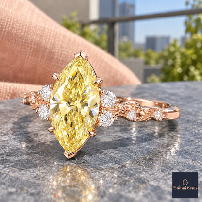 Yellow Marquise Cut Lab Grown Diamond Engagement Ring - Cluster Vine Band in rose gold, side view