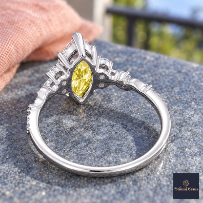 Yellow Marquise Cut Lab Grown Diamond Engagement Ring - Cluster Vine Band in white gold, gallery view
