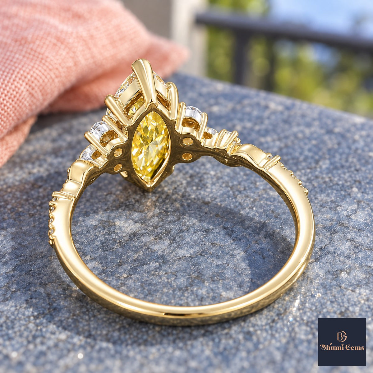 Yellow Marquise Cut Lab Grown Diamond Engagement Ring - Cluster Vine Band in yellow gold, gallery view