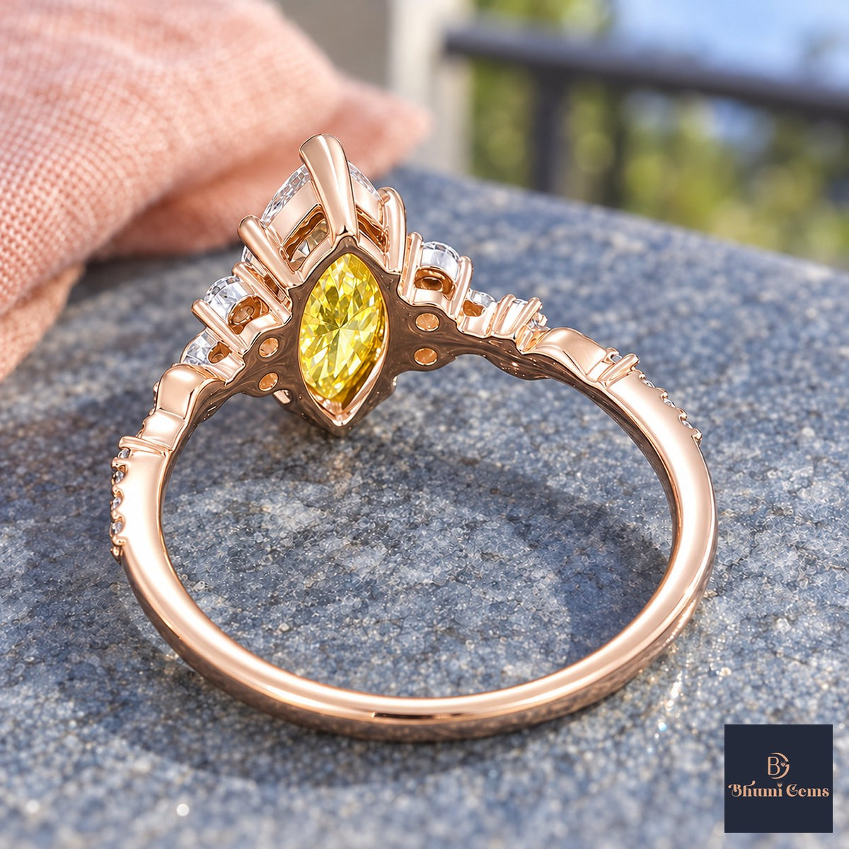 Yellow Marquise Cut Lab Grown Diamond Engagement Ring - Cluster Vine Band in rose gold, gallery view