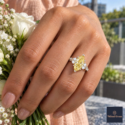 Yellow Marquise Cut Lab Grown Diamond Engagement Ring - Cluster Vine Band in white gold, on the hand