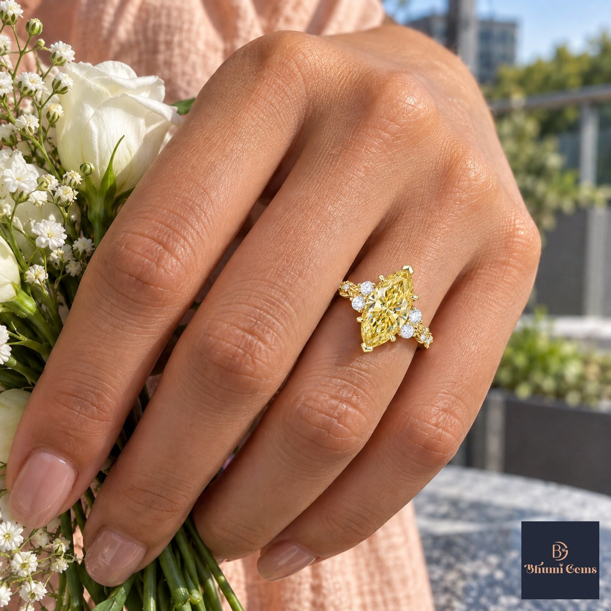 Yellow Marquise Cut Lab Grown Diamond Engagement Ring - Cluster Vine Band in yellow gold, on the hand