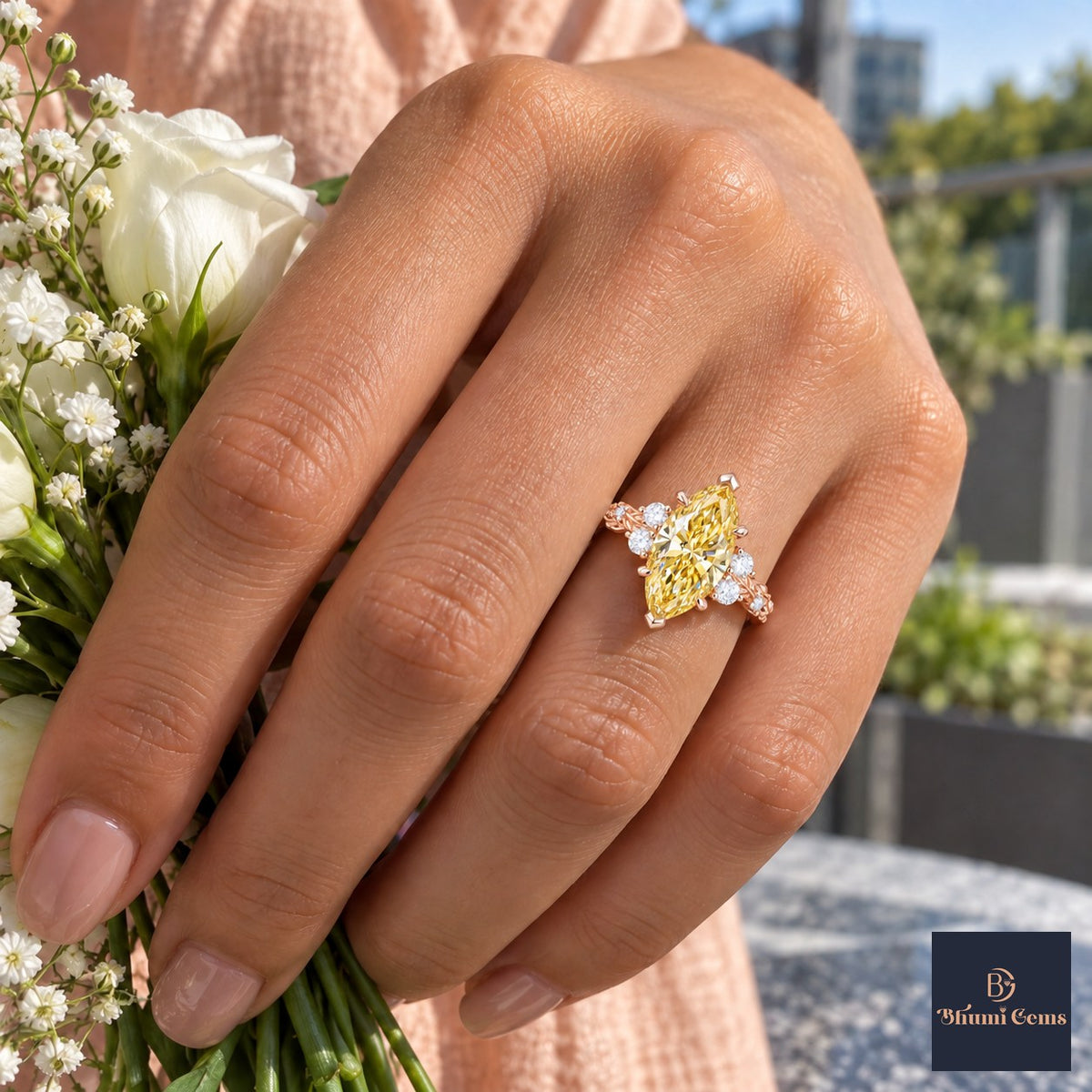 Yellow Marquise Cut Lab Grown Diamond Engagement Ring - Cluster Vine Band in rose gold, on the hand