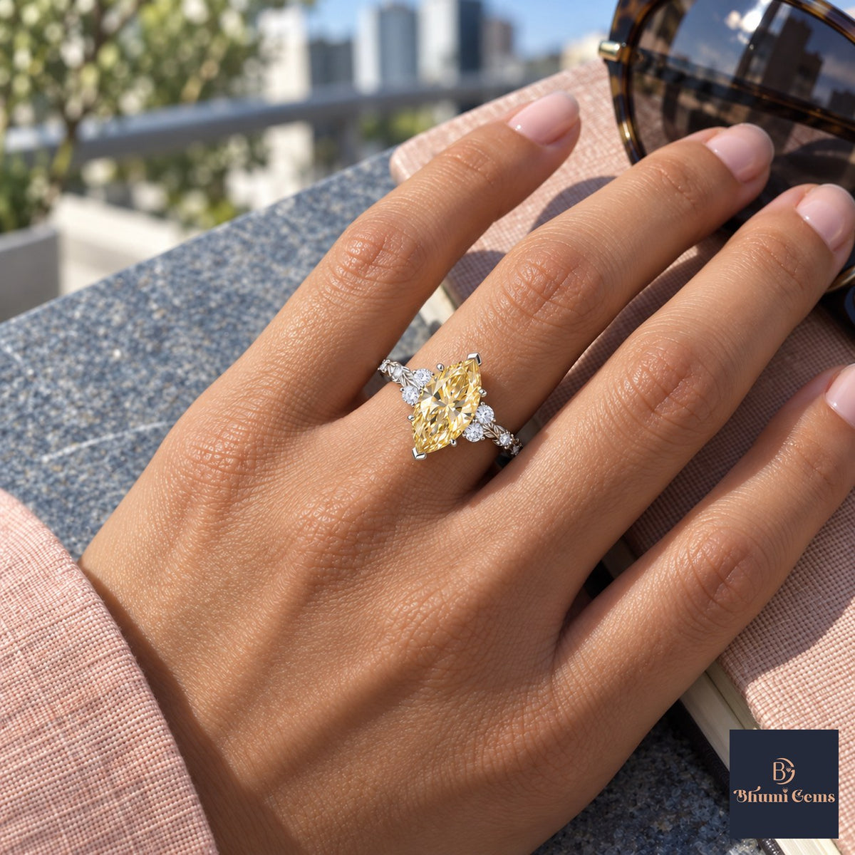 Yellow Marquise Cut Lab Grown Diamond Engagement Ring - Cluster Vine Band in white gold, worn on the hand