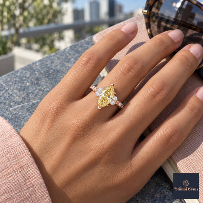 Yellow Marquise Cut Lab Grown Diamond Engagement Ring - Cluster Vine Band in rose gold, worn on the hand