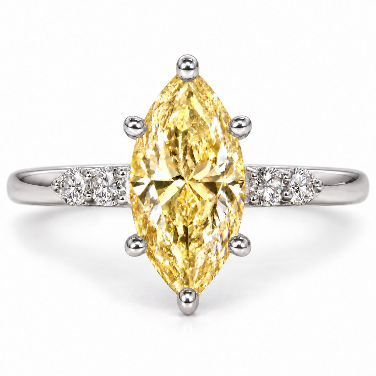 Yellow Marquise Cut Lab Grown Diamond Engagement Ring - Round Accents in white gold, front view