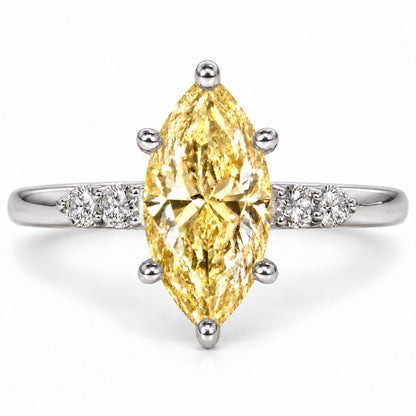 Yellow Marquise Cut Lab Grown Diamond Engagement Ring - Round Accents in white gold, front view
