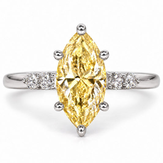 Yellow Marquise Cut Lab Grown Diamond Engagement Ring - Round Accents in white gold, front view