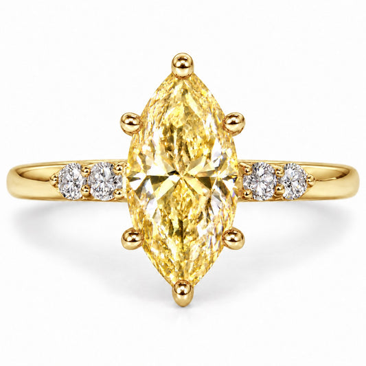 Yellow Marquise Cut Lab Grown Diamond Engagement Ring - Round Accents in yellow gold, front view