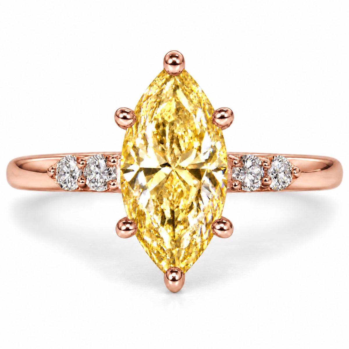 Yellow Marquise Cut Lab Grown Diamond Engagement Ring - Round Accents in rose gold, front view
