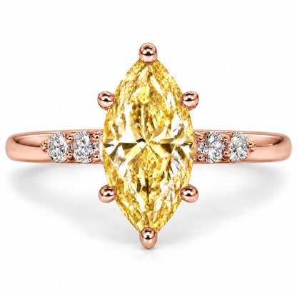 Yellow Marquise Cut Lab Grown Diamond Engagement Ring - Round Accents in rose gold, front view