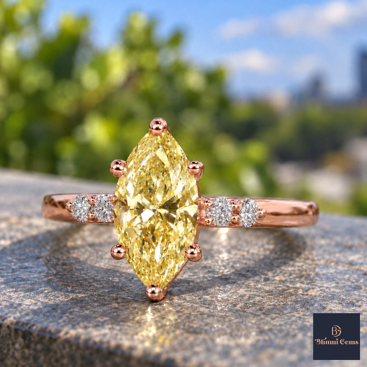 Yellow Marquise Cut Lab Grown Diamond Engagement Ring - Round Accents in rose gold, close-up