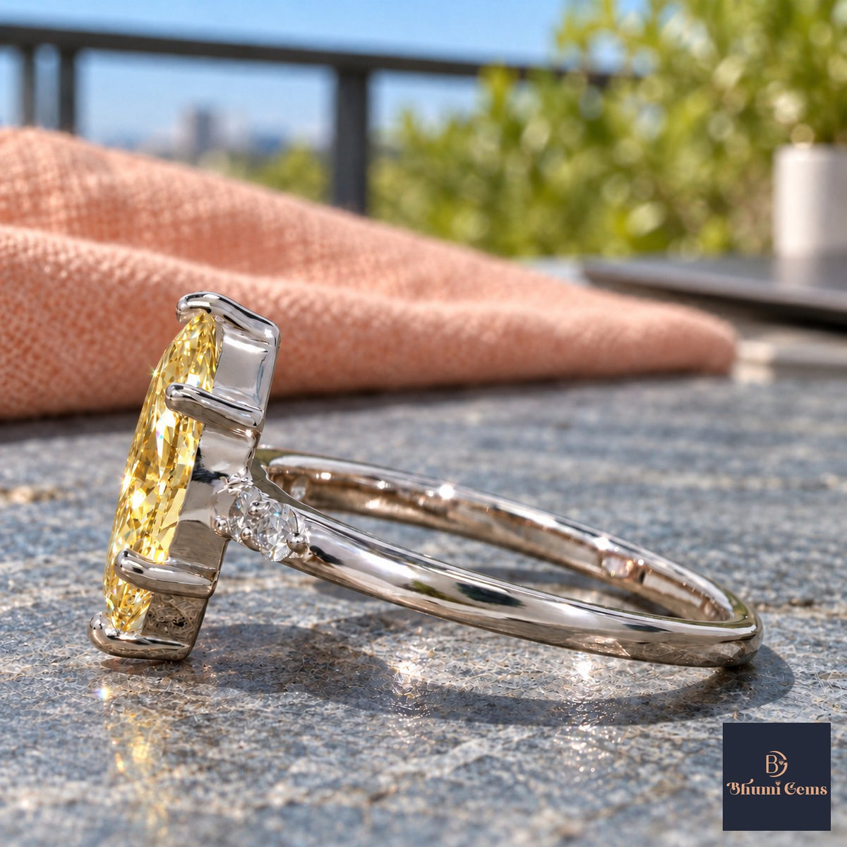 Yellow Marquise Cut Lab Grown Diamond Engagement Ring - Round Accents in white gold, side view