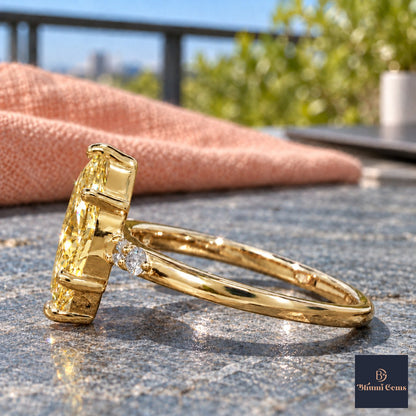 Yellow Marquise Cut Lab Grown Diamond Engagement Ring - Round Accents in yellow gold, side view