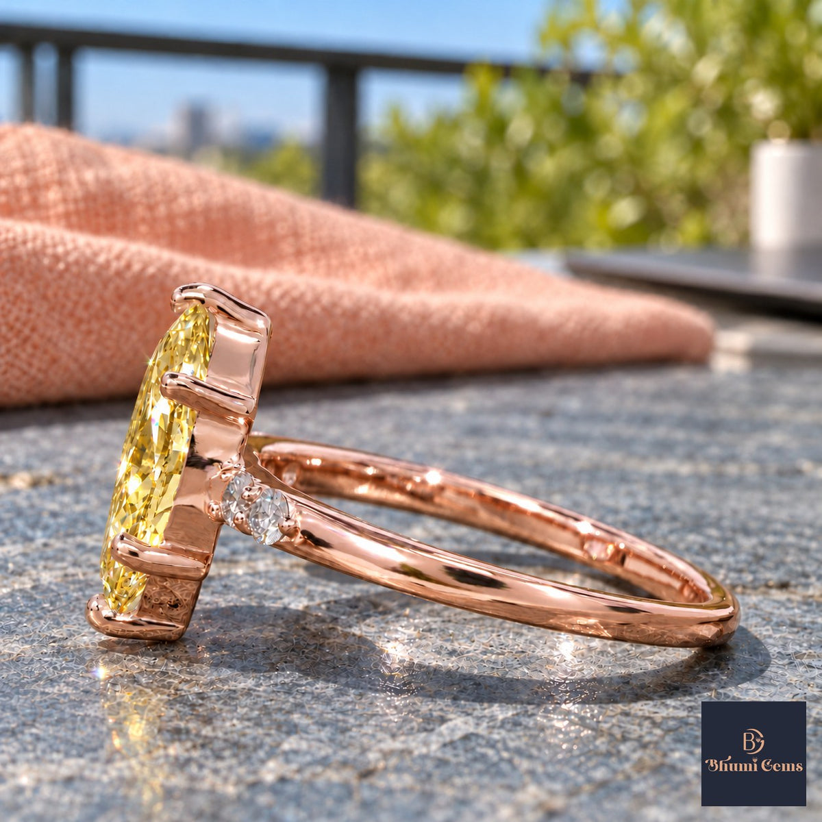 Yellow Marquise Cut Lab Grown Diamond Engagement Ring - Round Accents in rose gold, side view