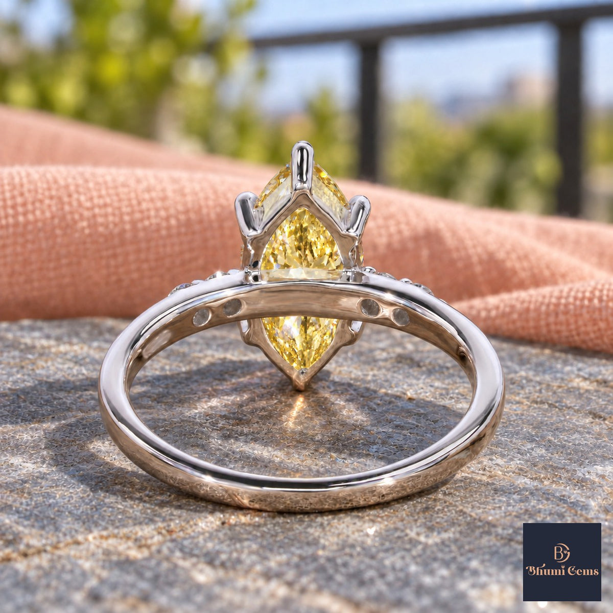 Yellow Marquise Cut Lab Grown Diamond Engagement Ring - Round Accents in white gold, gallery view
