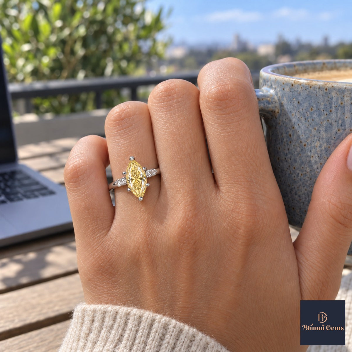 Yellow Marquise Cut Lab Grown Diamond Engagement Ring - Round Accents in white gold, on the hand