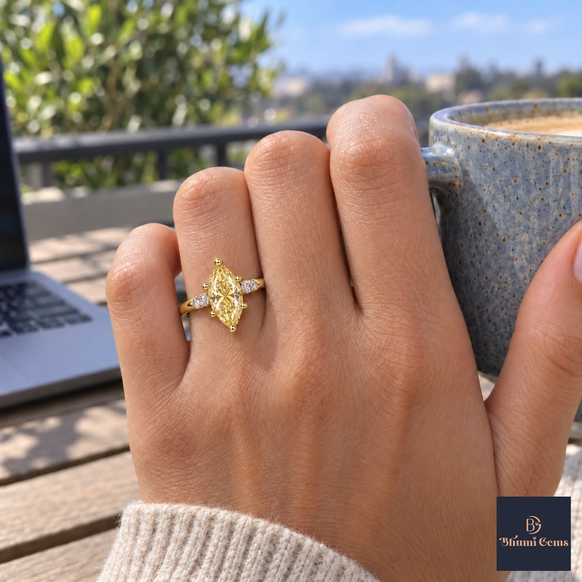 Yellow Marquise Cut Lab Grown Diamond Engagement Ring - Round Accents in yellow gold, on the hand