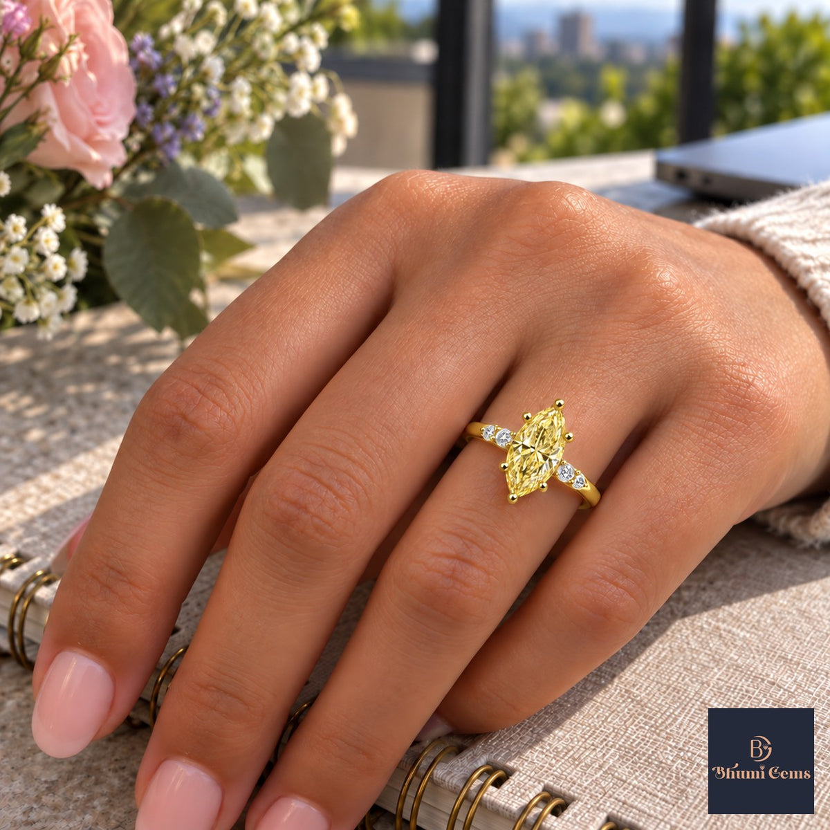 Yellow Marquise Cut Lab Grown Diamond Engagement Ring - Round Accents in yellow gold, worn on the hand