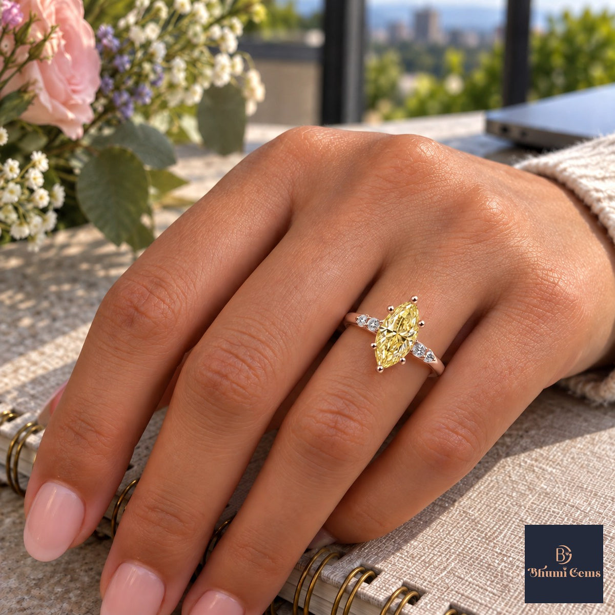 Yellow Marquise Cut Lab Grown Diamond Engagement Ring - Round Accents in rose gold, worn on the hand