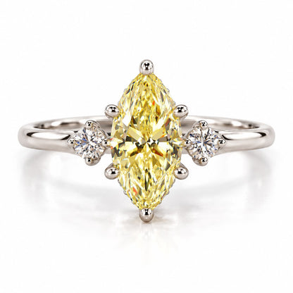 Yellow Marquise Cut Lab Grown Diamond Engagement Ring - Three Stone in white gold, front view
