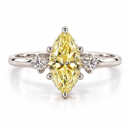 Yellow Marquise Cut Lab Grown Diamond Engagement Ring - Three Stone in white gold, front view