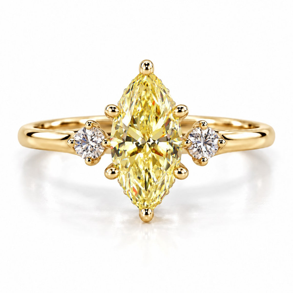 Yellow Marquise Cut Lab Grown Diamond Engagement Ring - Three Stone in yellow gold, front view