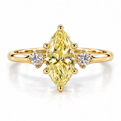 Yellow Marquise Cut Lab Grown Diamond Engagement Ring - Three Stone in yellow gold, front view