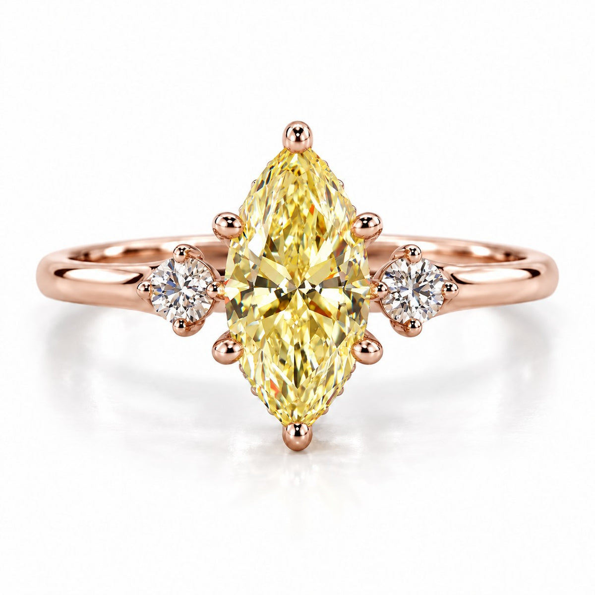 Yellow Marquise Cut Lab Grown Diamond Engagement Ring - Three Stone in rose gold, front view