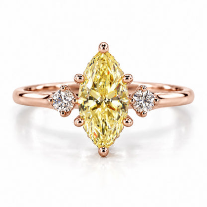 Yellow Marquise Cut Lab Grown Diamond Engagement Ring - Three Stone in rose gold, front view