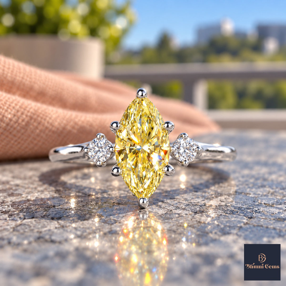 Yellow Marquise Cut Lab Grown Diamond Engagement Ring - Three Stone in white gold, close-up