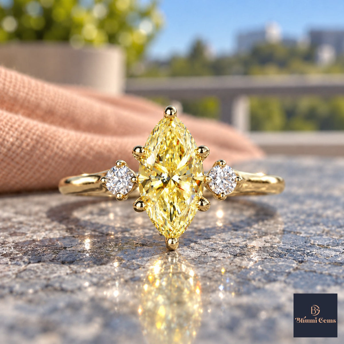 Yellow Marquise Cut Lab Grown Diamond Engagement Ring - Three Stone in yellow gold, close-up