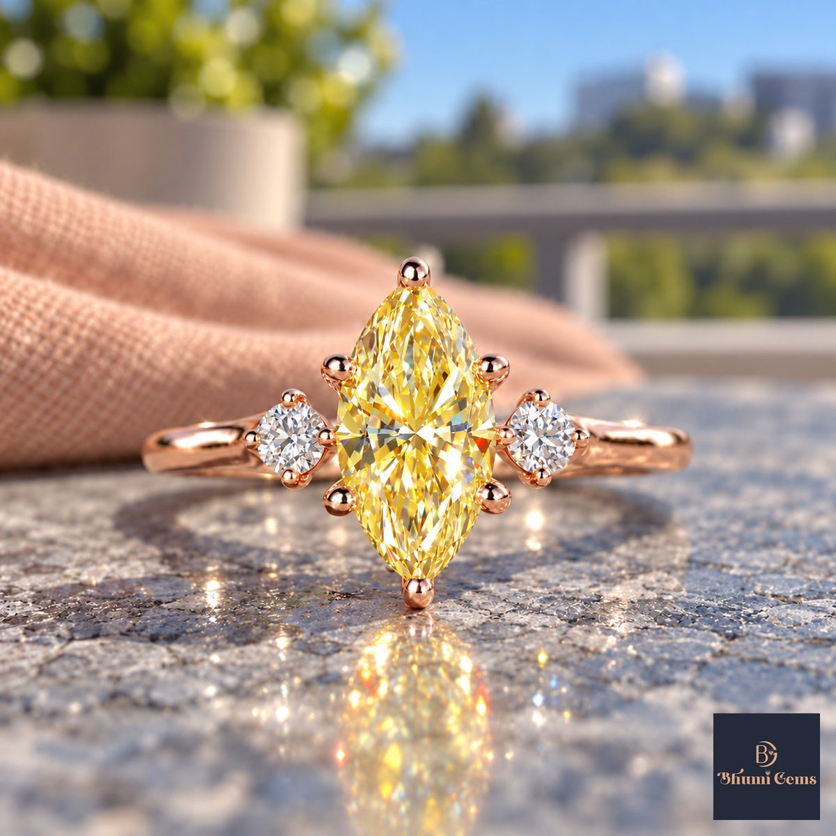 Yellow Marquise Cut Lab Grown Diamond Engagement Ring - Three Stone in rose gold, close-up