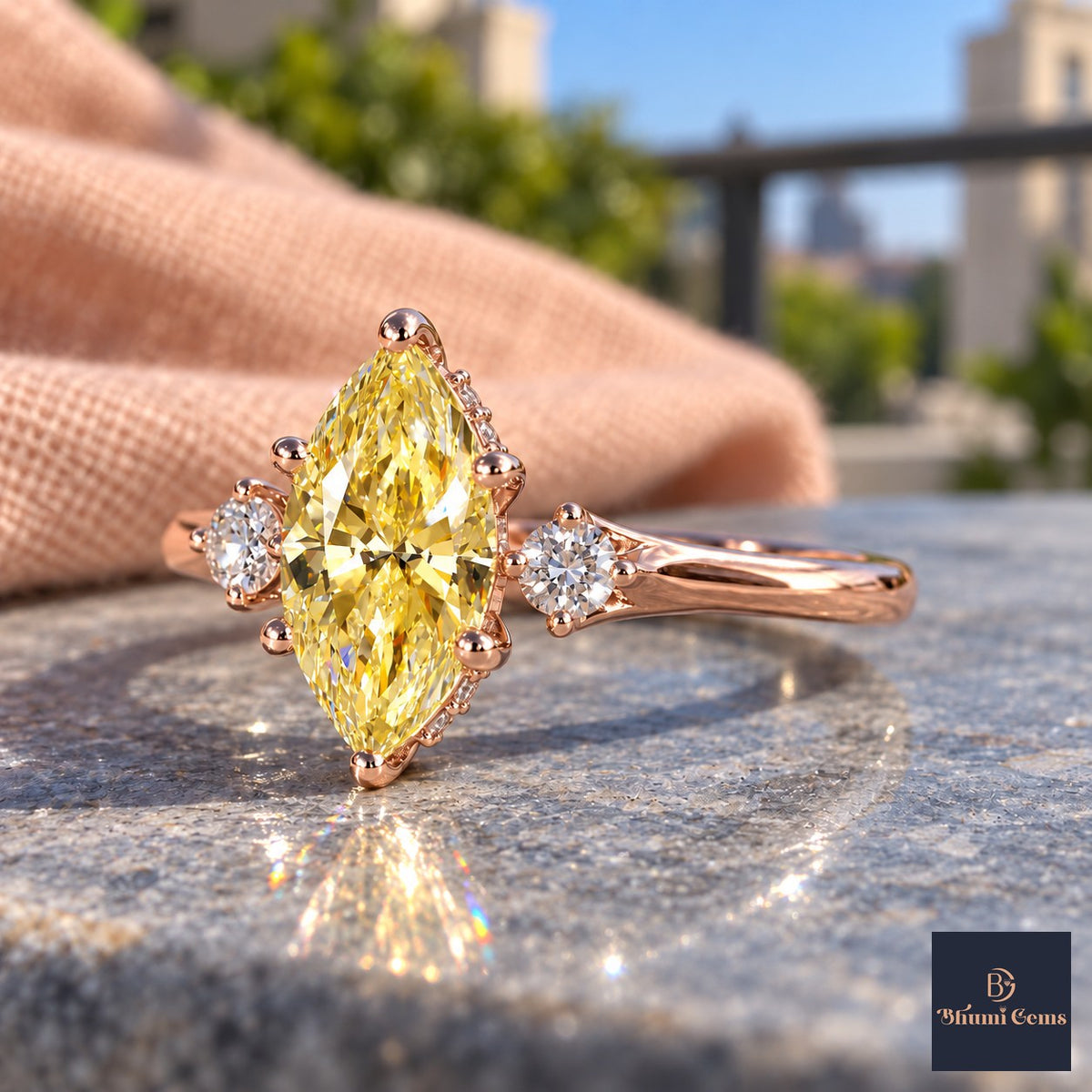 Yellow Marquise Cut Lab Grown Diamond Engagement Ring - Three Stone in rose gold, side view