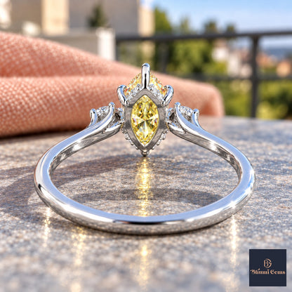 Yellow Marquise Cut Lab Grown Diamond Engagement Ring - Three Stone in white gold, gallery view