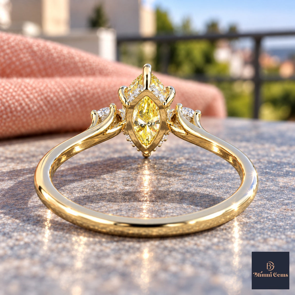 Yellow Marquise Cut Lab Grown Diamond Engagement Ring - Three Stone in yellow gold, gallery view