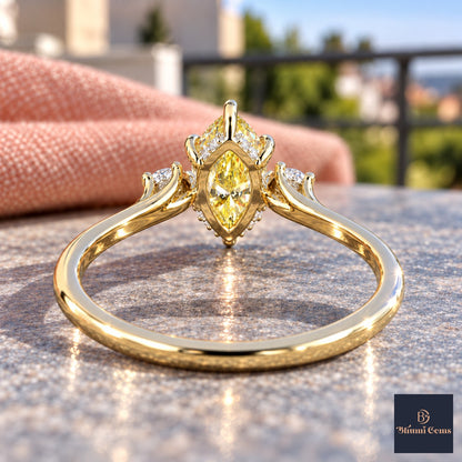 Yellow Marquise Cut Lab Grown Diamond Engagement Ring - Three Stone in yellow gold, gallery view