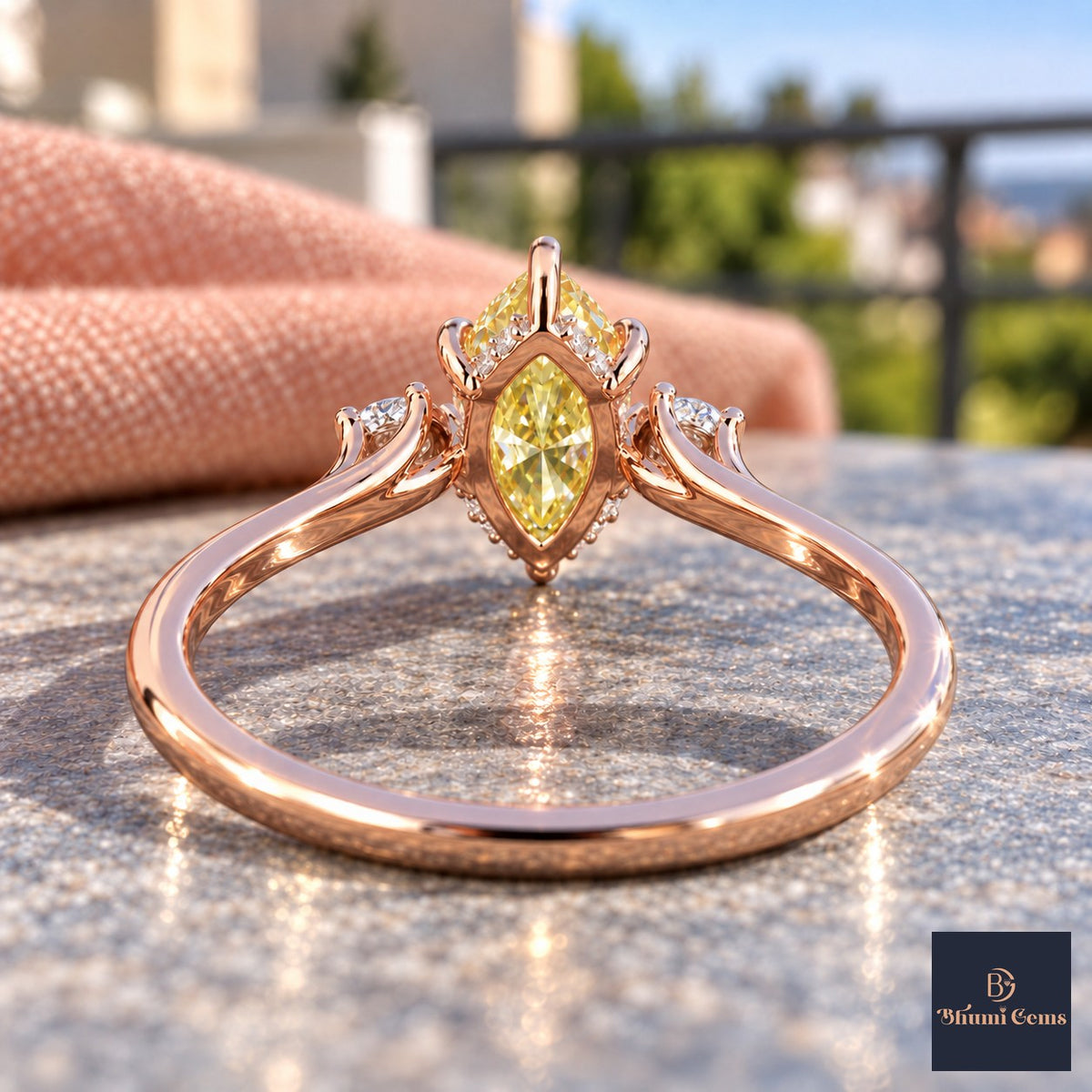 Yellow Marquise Cut Lab Grown Diamond Engagement Ring - Three Stone in rose gold, gallery view