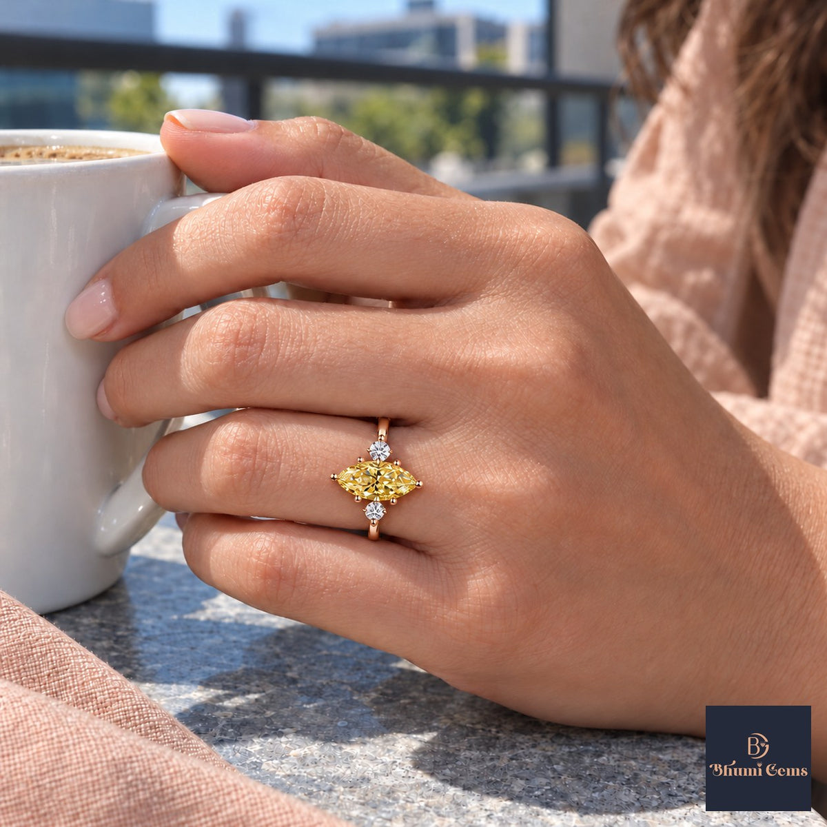 Yellow Marquise Cut Lab Grown Diamond Engagement Ring - Three Stone in rose gold, worn on the hand