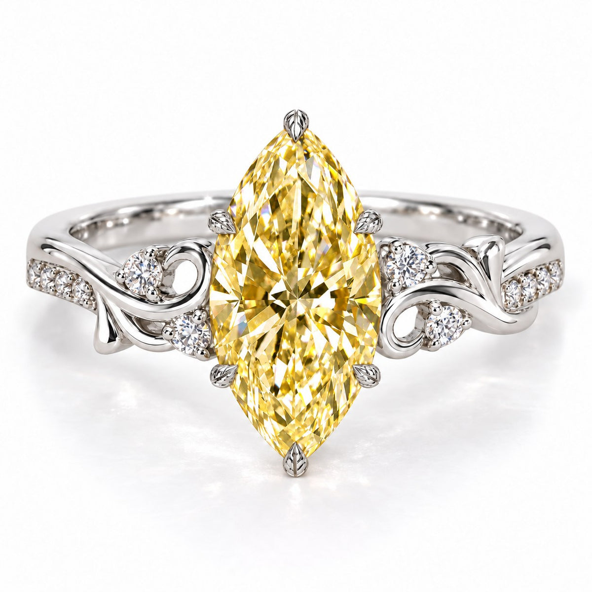 Yellow Marquise Cut Lab Grown Diamond Engagement Ring - Vintage Scroll in white gold, front view