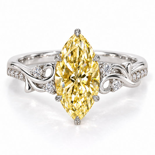 Yellow Marquise Cut Lab Grown Diamond Engagement Ring - Vintage Scroll in white gold, front view