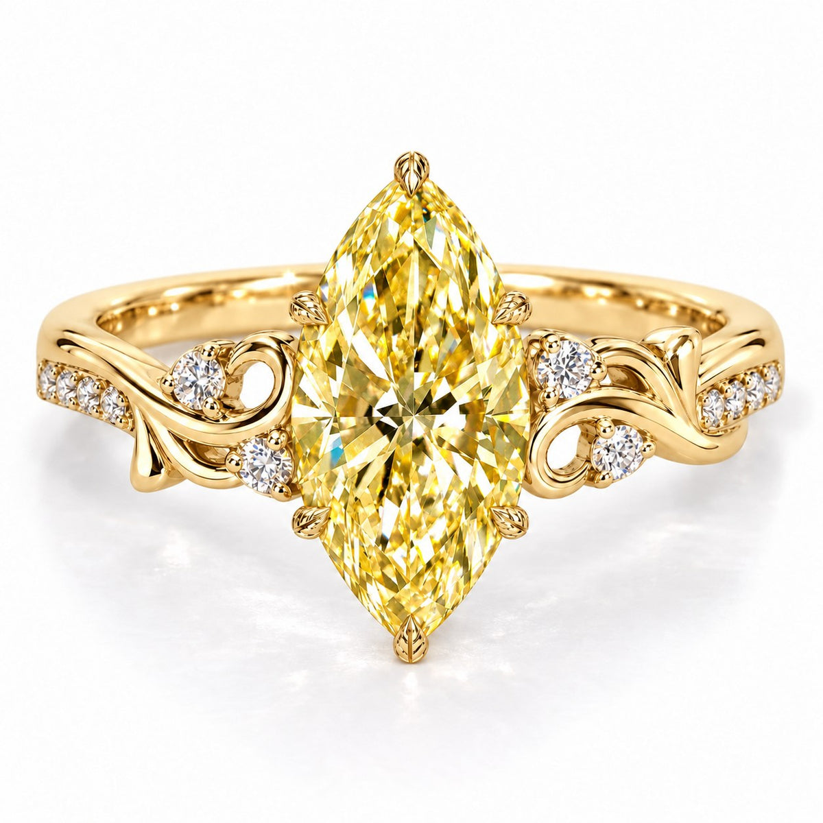 Yellow Marquise Cut Lab Grown Diamond Engagement Ring - Vintage Scroll in yellow gold, front view