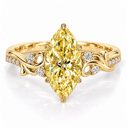 Yellow Marquise Cut Lab Grown Diamond Engagement Ring - Vintage Scroll in yellow gold, front view