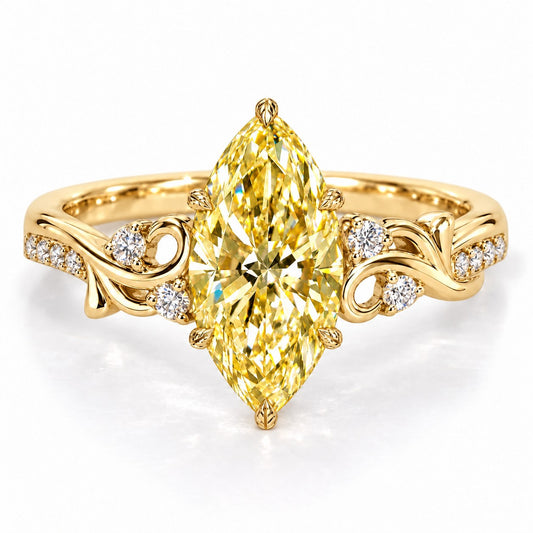 Yellow Marquise Cut Lab Grown Diamond Engagement Ring - Vintage Scroll in yellow gold, front view