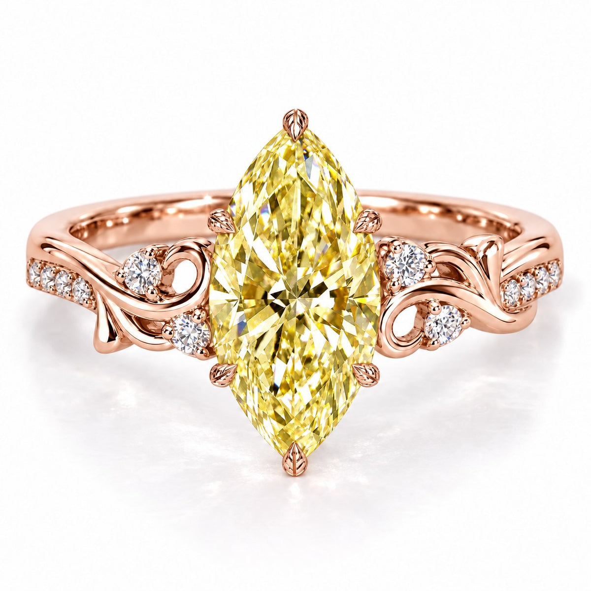 Yellow Marquise Cut Lab Grown Diamond Engagement Ring - Vintage Scroll in rose gold, front view